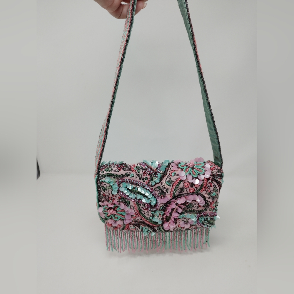 Sequin Fringe Clutch Pastel Floral Festival Shoulder Bag, BOHO, GLAM